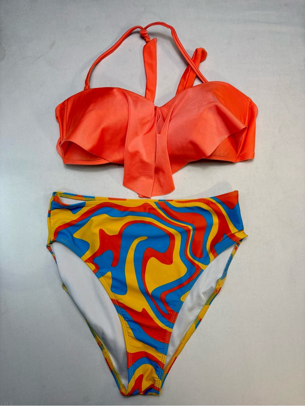 90 Style psychedelic swirl, bikini set coral, orange, flouncy top high waist. M.